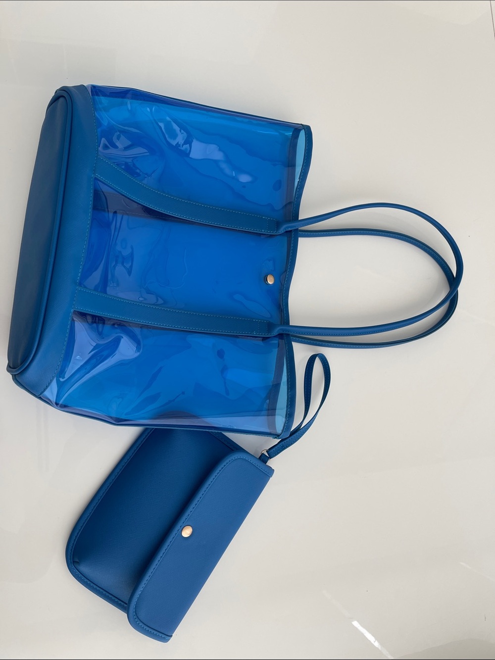 Blue Clear Tote Bag with Matching Pouch - Women's Shoulder Bag